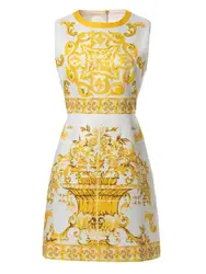 Summer Golden Sundress Holiday Floral Short Dress Women's Yellow Blue And White Porcelain Print Holiday Tank Mini Vestidos