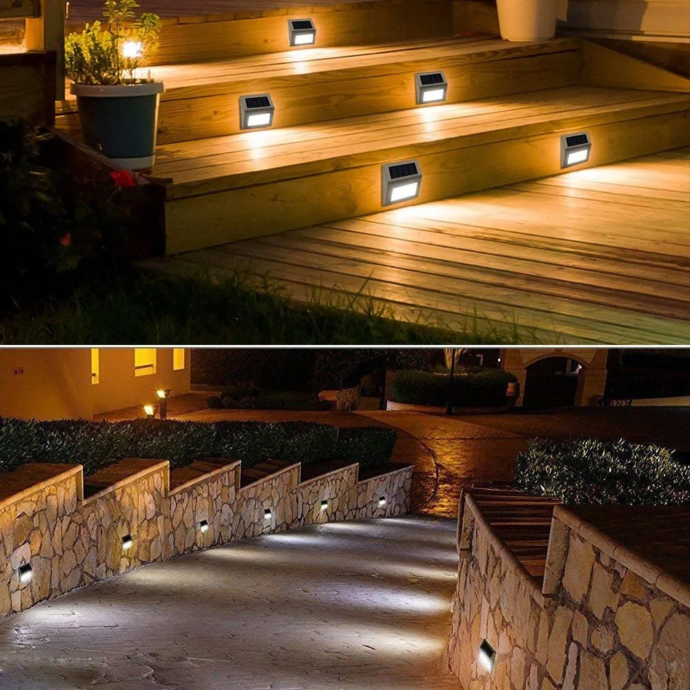 Solar Powered Outdoor Fence Lights, luzes impermeáveis do convés, lâmpada de aço inoxidável, lâmpadas de parede de segurança, iluminação do quintal