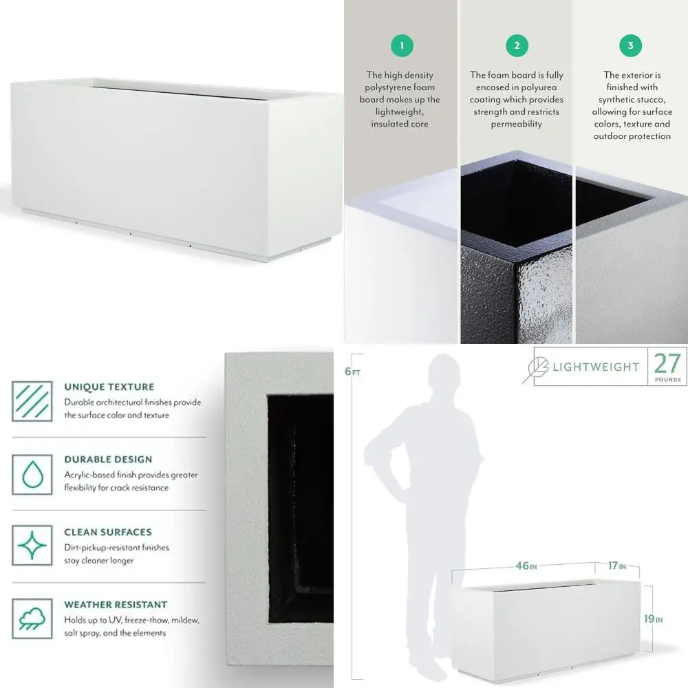 زارع مستطيل من مادة البوليستون على طراز ميلان، 46 طول × 17 عرض × 19 ارتفاعًا، متين وخفيف الوزن للاستخدام الداخلي والخارجي #1