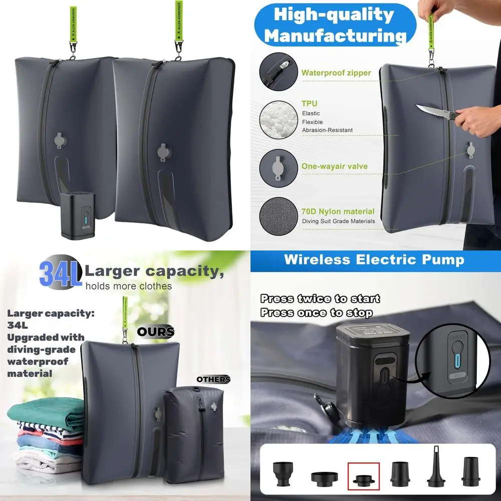 

Compact 34L Waterproof Travel Vacuum Bags with Electric Pump for Luggage Compression, Ideal for Air Travel, Camping, and Outdoor