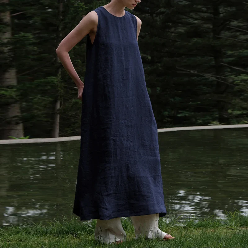 Elegante abito in lino stile francese per donna Casual senza maniche con bottoni posteriori Abito lungo scavato Harajuku Boho Sundress