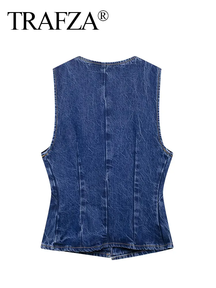 TRAFZA 2024 Summer Women Fashion Denim Vest New V Neck Tight Short Tank Tops Woman Commute Office Lady Female Waistcoat Top