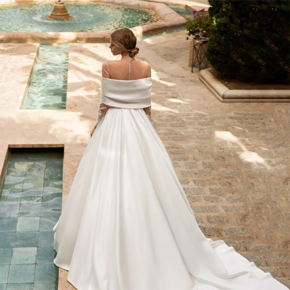 Customize Lace Wedding Dresses High Neck Applique A-Line Bridal Dress Irregular Neckline Pleats Princess Bride Gowns for Women