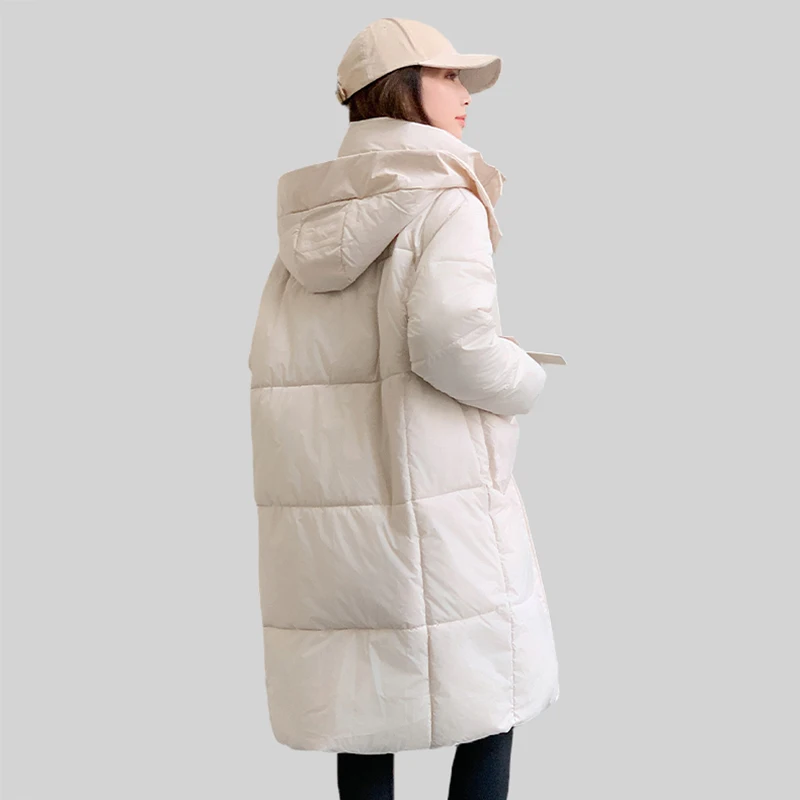 Winter Women Hooded Down Coat Stand Collar Casual Warm Thicken Mid-Length Cotton-padded Jacket Zipper Pocket Solid Loose Jacket