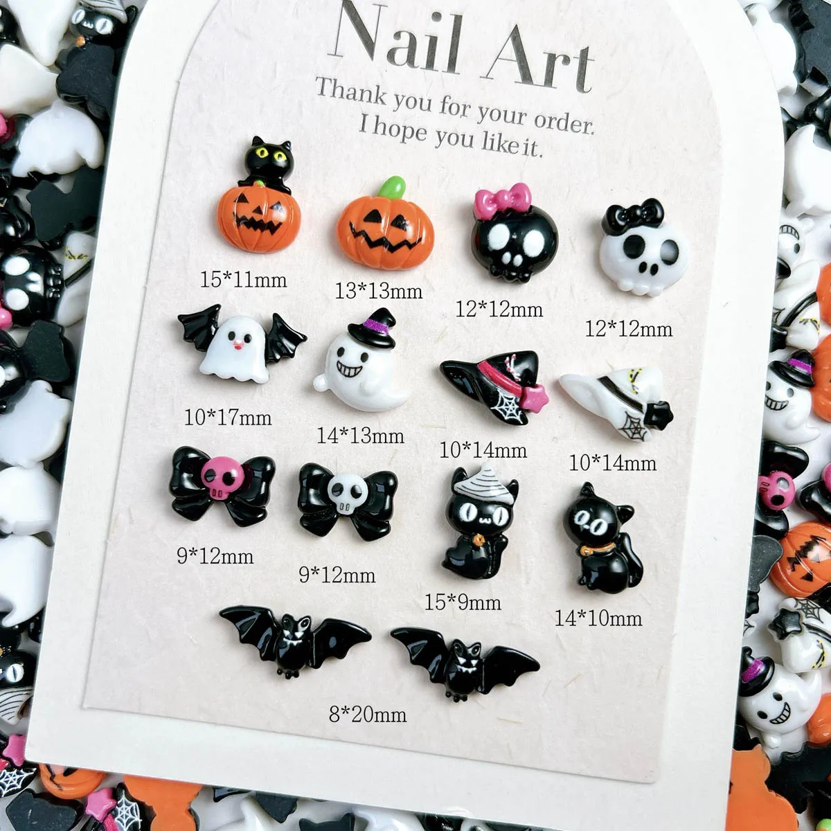 ชุดตกแต่งเล็บเรซิ่นรูปผีฟักทองน่ารัก 20 ชิ้น ลายการ์ตูน หมวกวิเศษ หัวกะโหลก โบว์ ชุดฮาโลวีน สำหรับตกแต่งเล็บ DIY