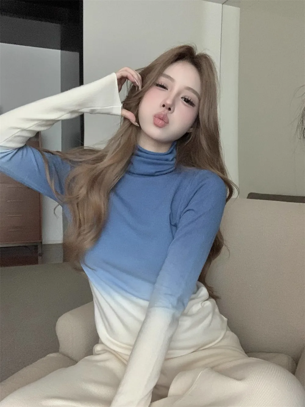 

Tie Dye Gradient Stretch Knitwear Warm High Neck T-Shirt Women T Shirt fall turtleneck long sleeve t shirt ladies top y2k korean