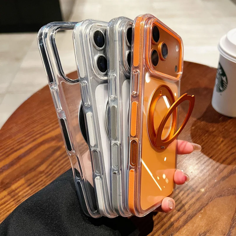 

Suitable for iPhone 17 Pro max phone case, Apple 16 Plus transparent ice crystal 360 ° bracket IP15 anti drop protective cover