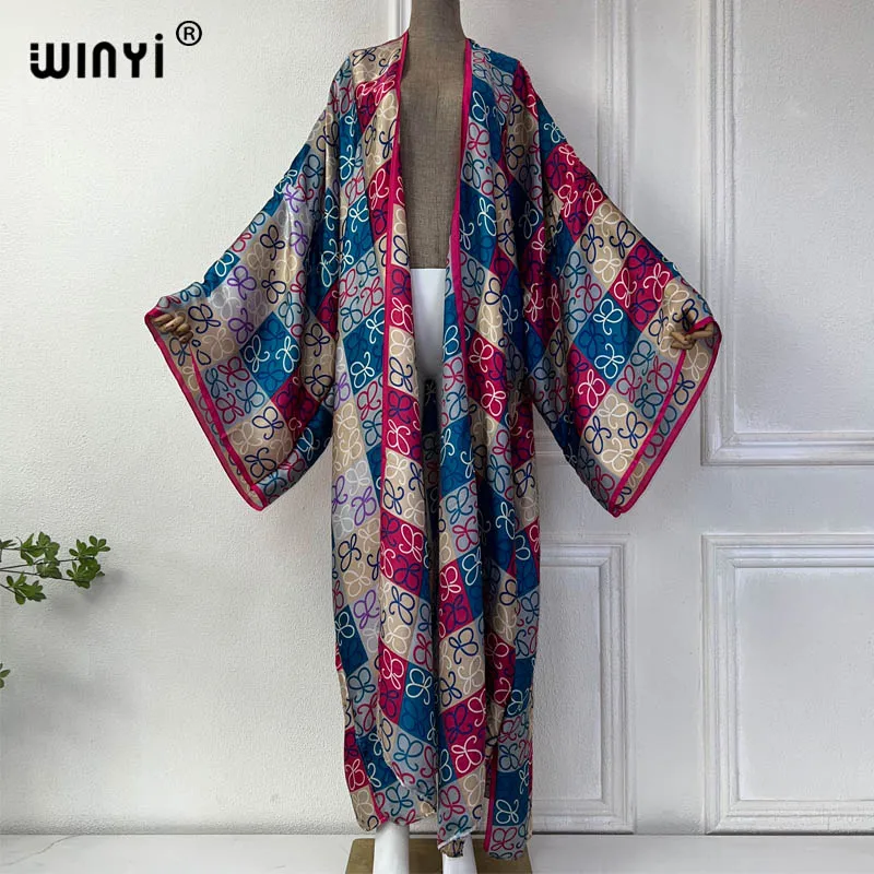 WINYI NEW summer kimono boho print beach cover up Swim Suit elegant African women boho Cardigan sexy Holiday silk feeling dress