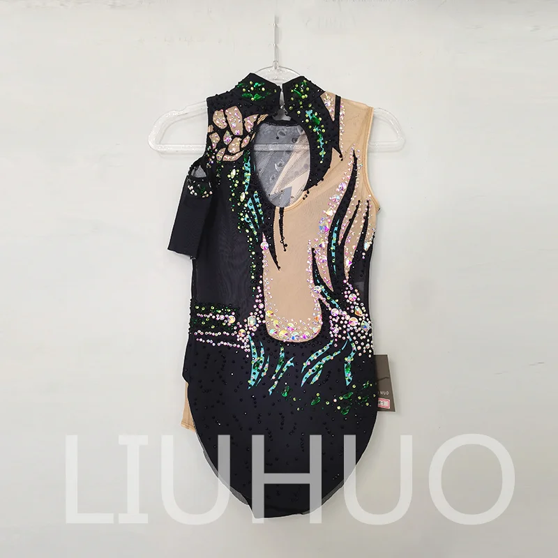 LIUHUO Leotardos de gimnasia rítmica personalizados para niñas y mujeres, ropa de baile con estampado verde de diamantes de imitación, monos de competición BD3194