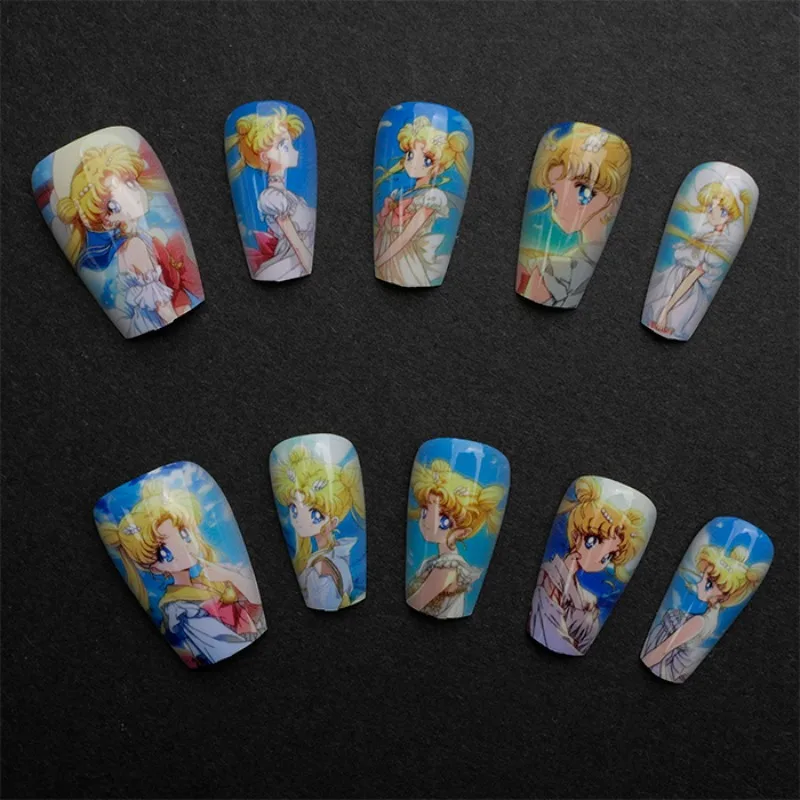 Pretty Soldier Anime Cartoon Removable Press on Nails False Nail Set Pain Manicure Patches Jewelry Women Accessories Girls Gift