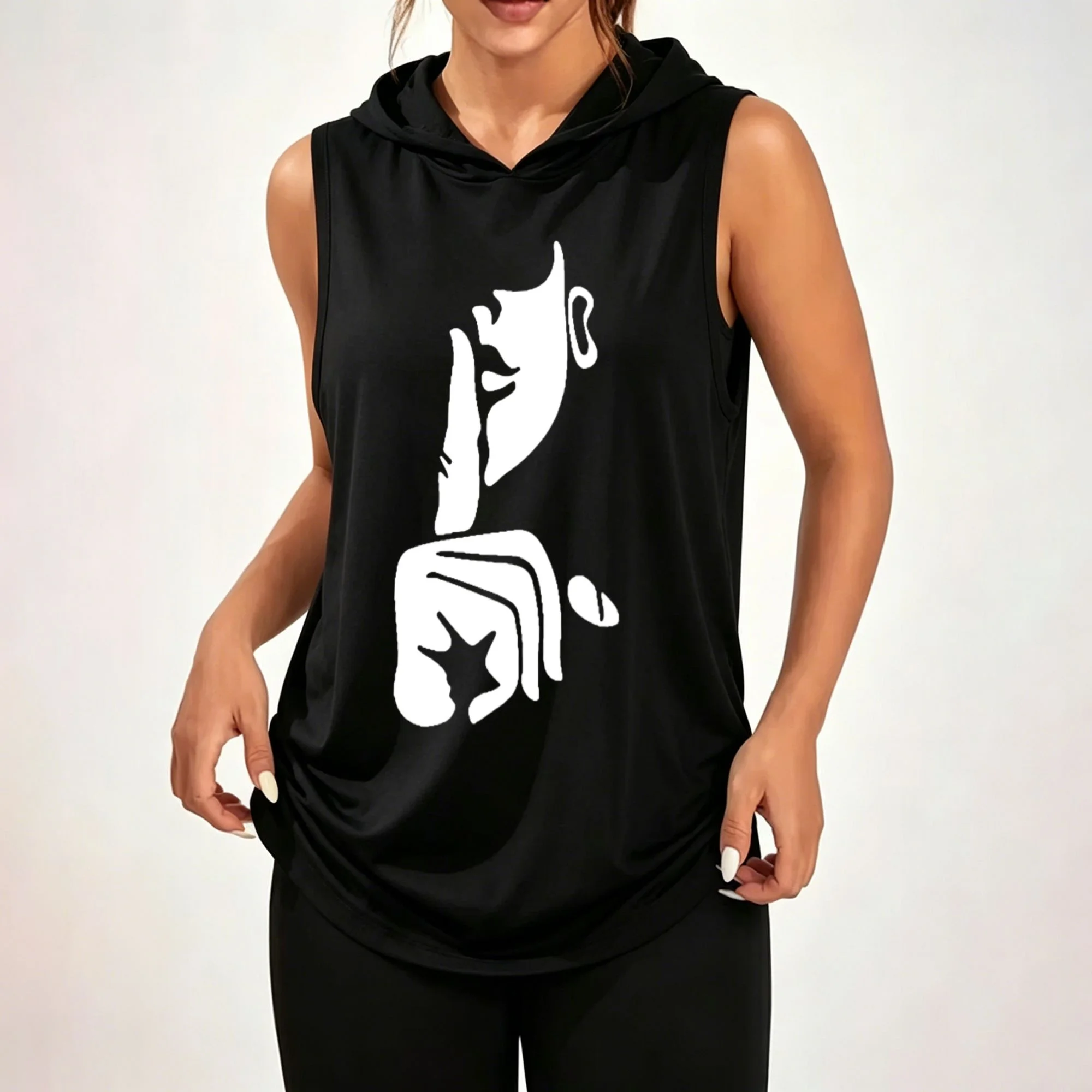 Loose-fit sleeveless hoodie featuring an abstract side-profile portrait and palm-with-star print; a unique, casual, unisex oversized athletic top.
