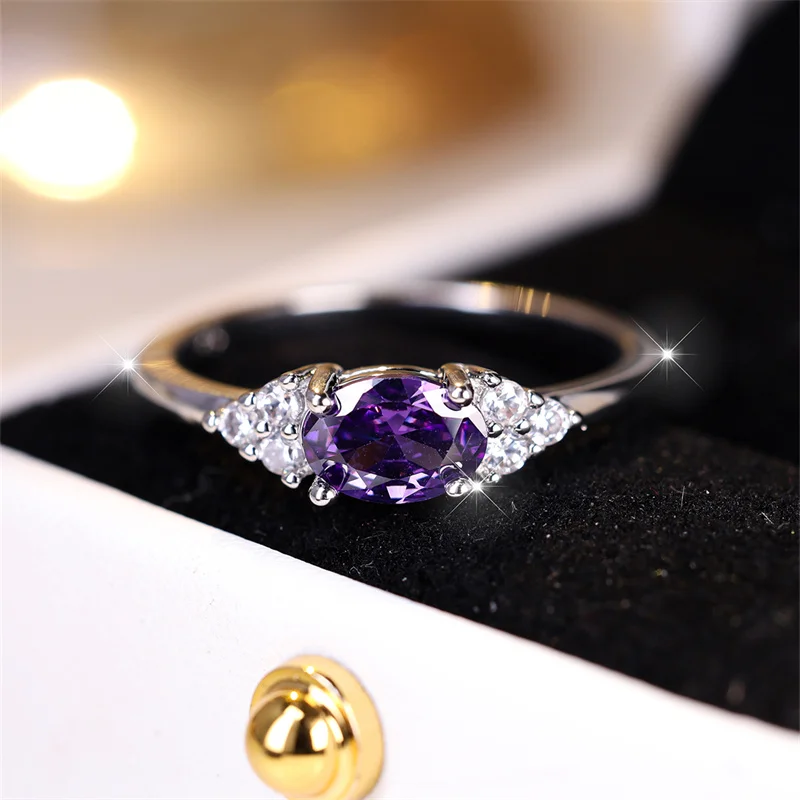 أنثى سحر البيضاوي الأرجواني الأبيض الزركون الحد الأدنى التراص خواتم رقيقة للنساء حفل زفاف العصابات عيد الأم مجوهرات هدايا تشيكوسلوفاكيا