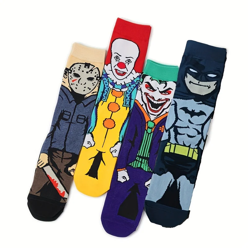 4 pair Anime straight tube men\'s socks straight board cartoon character socks personality fashion brand skateboard cotton socks