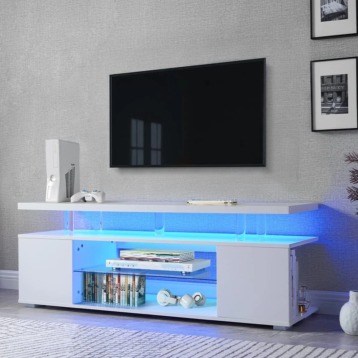 Soporte de TV para TV LED de 70 pulgadas, centro de entretenimiento para juegos, consola de almacenamiento multimedia, mesa con gabinete lateral grande para sala de estar