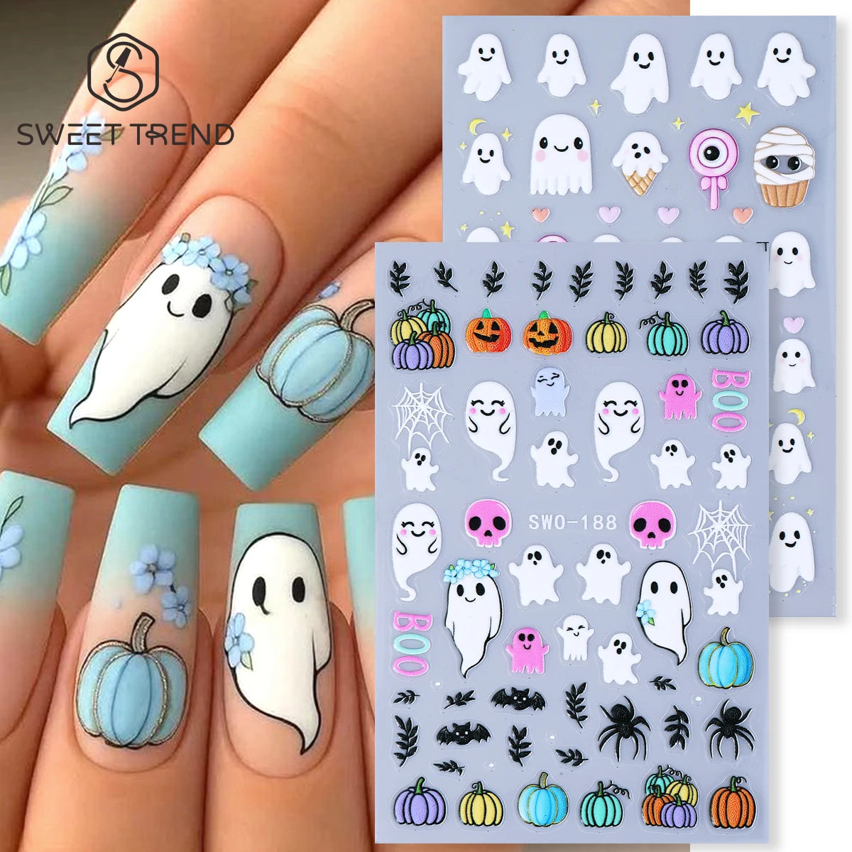 2 Stück Niedliche Geister-Kürbis Matte Nagelaufkleber Kawaii Cartoon Totenkopf Spinne Fledermaus Lollipops Selbstklebende Aufkleber Halloween Maniküre-Tipps
