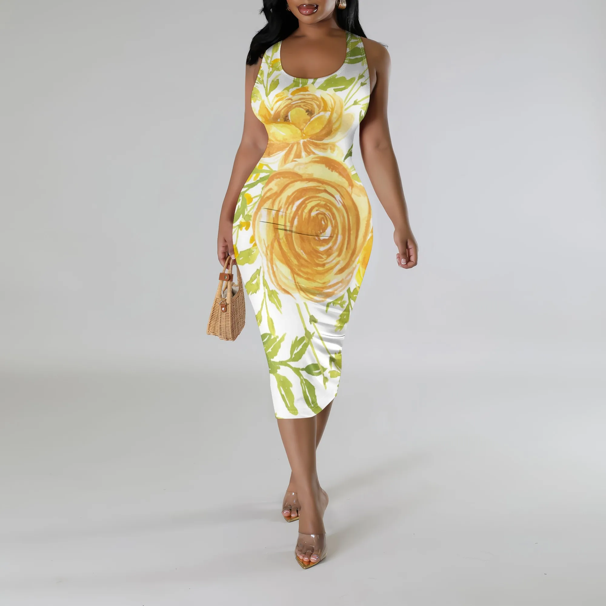

Women's Rose Floral Print Bodycon Midi Dress Summer Sexy Sleeveless Pencil Dresses for Club & Party