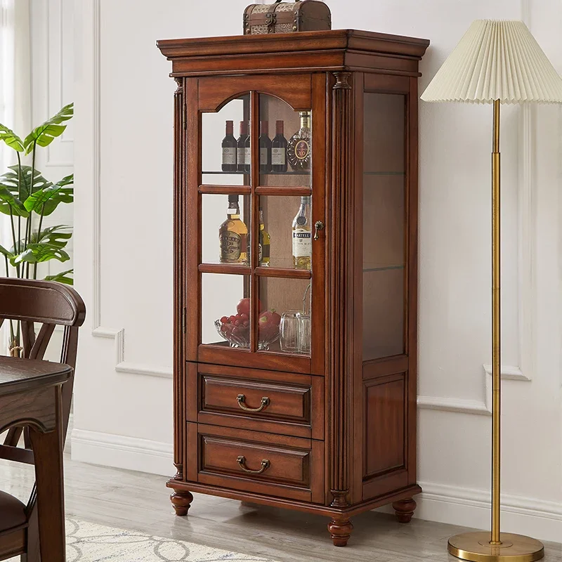 American all-solid wood wine cabinet against the wall Small single door glass low cabinet Simple living room TV side cabinet Tea