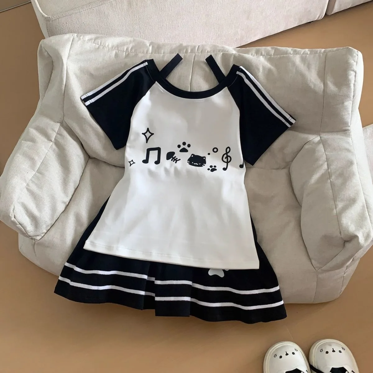 Summer New Arrival Girl's Style Cute Soft Girl Japanese Style Lovely Music Note Kitten Two-color Printed Short Sleeve
