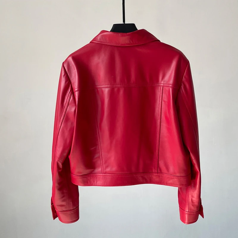 Giacca monopetto in pelle di pecora monopetto corta da donna in vera pelle nera 2025 Autunno Nuovi cappotti in pelle da moto a maniche lunghe femminili