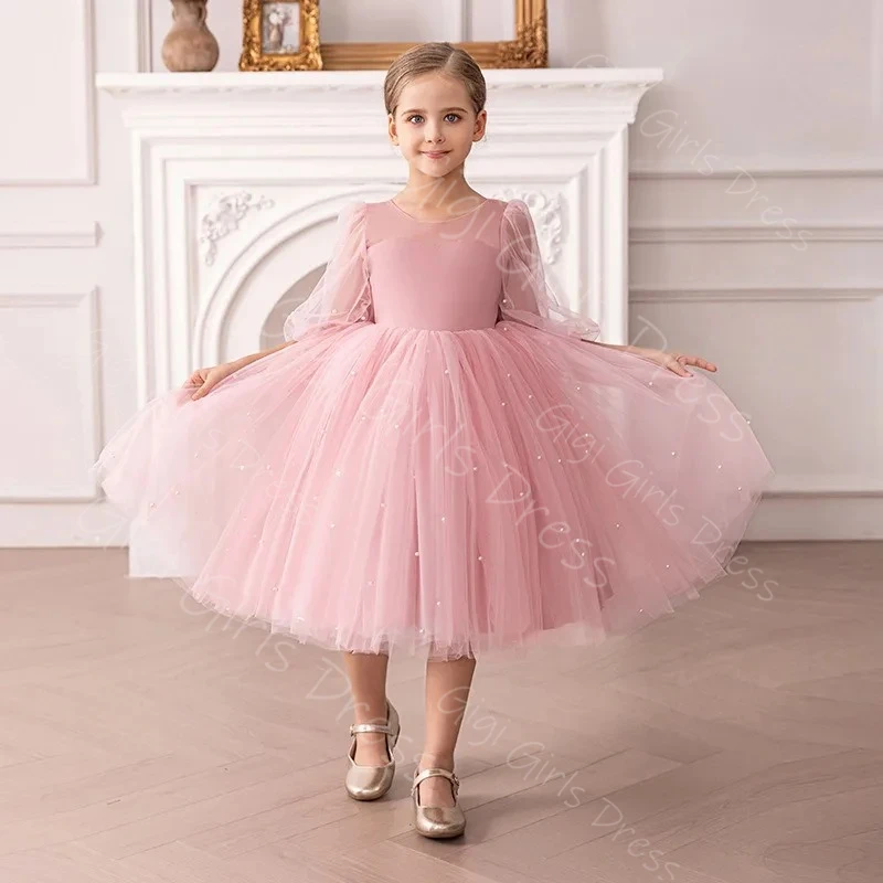 Vestido de princesa rosa polvoriento con flores para niña, vestido de fiesta de boda de tul hasta la rodilla, vestido de cumpleaños personalizado para niños con perlas