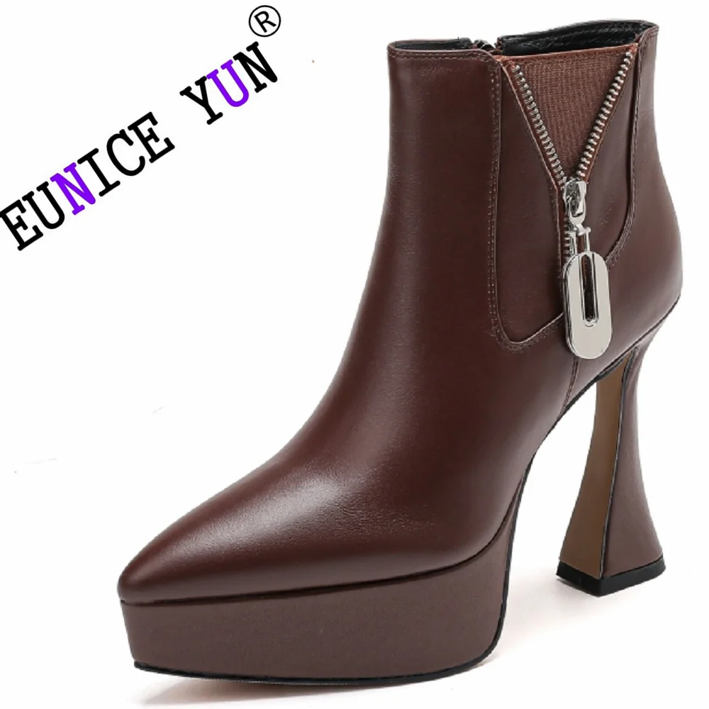 【EUNUCE YUN】Women Genuine Leather Pointed Toe Platform Thick High Heels Zipper Short Boot Ladies Fashion Shoes Winter 33-40