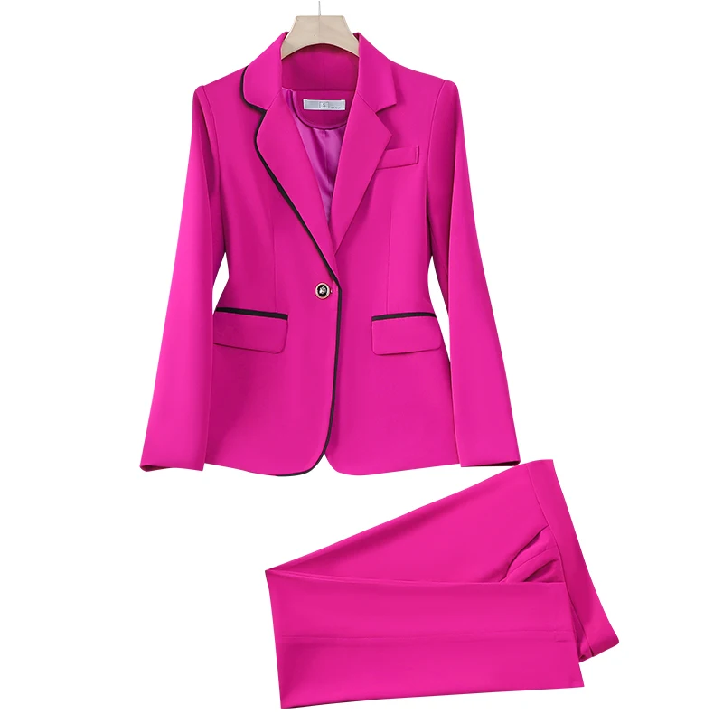Autumn Winter Long Sleeve Women Pant Suit Ladies Formal Purple Black Business Work Wear 2 Piece Set Blazer And Trouser