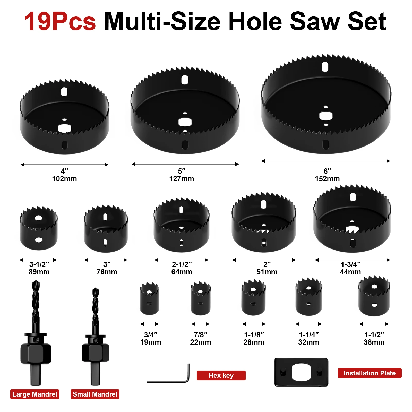 19pcs Bi-Metal Hole Saw Drill Bit Set, 20-150mm-Perfect for Woodworking, DIY Projects & Ceiling Drilling, Durable and Efficient