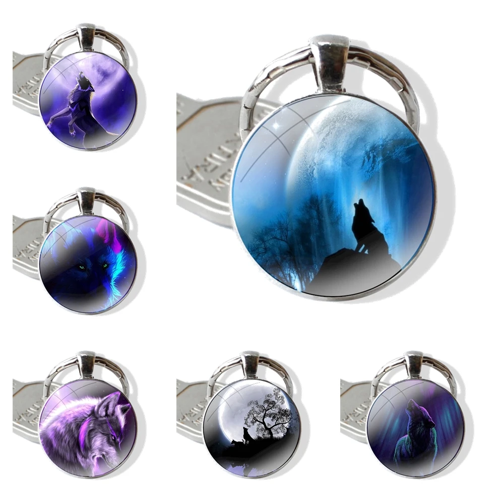 Moon roaring wolf Glass Metal Pendant Key Chain Classic Men Women Key Ring Accessories Jewelry Gifts