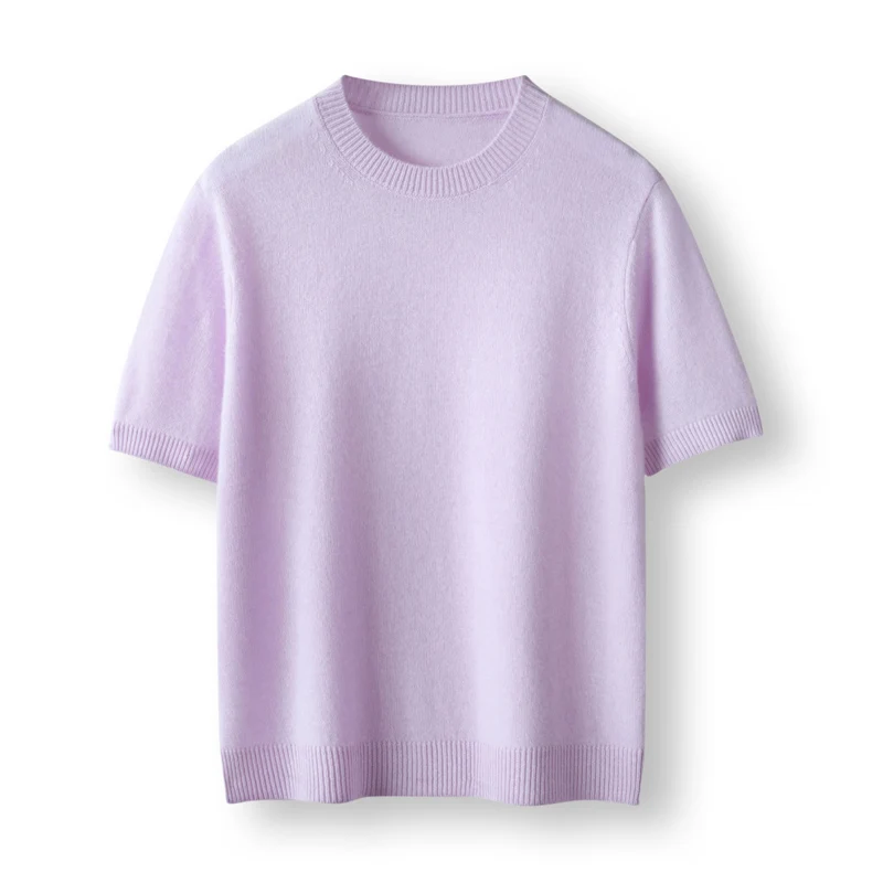 Spring and summer 100% cashmere knitted sweater women's pullover short sleeved close fitting soft sticky T-shirt versatile top