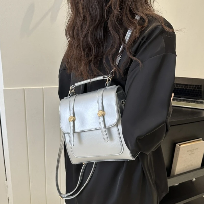Vintage Faux Leather Casual Backpack with Cute Plush Charm Retro Flap Shoulder Purse with Top Handle Bag for Women Commuter