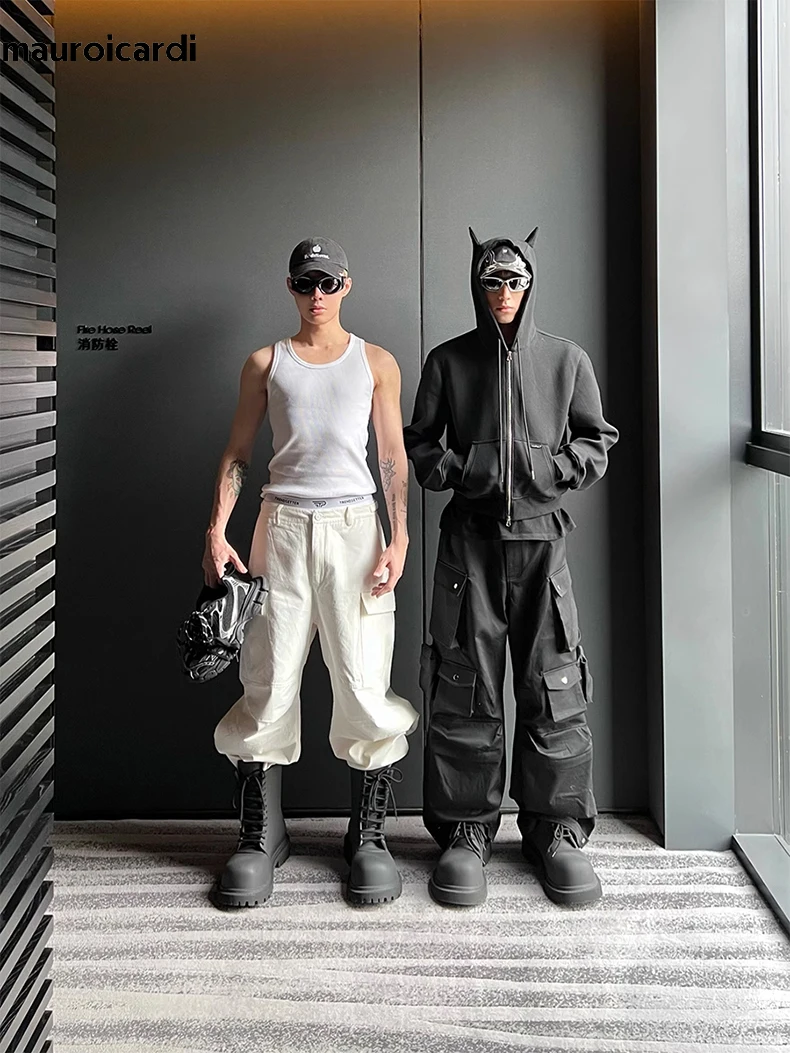 Mauroicardi Spring Autumn Cool Black Wide Leg Cargo Pants Multi Pockets Long Techwear Clothes Handsome Trousers Streetwear 2023