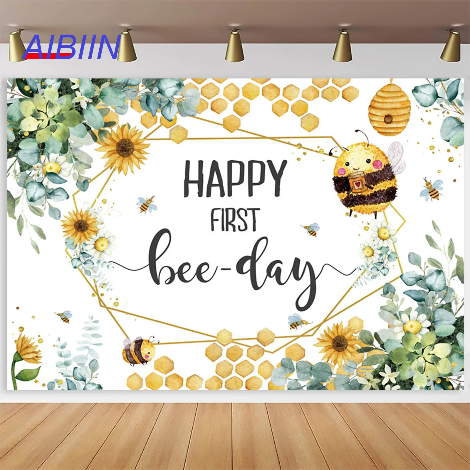 

Happy First Bee-Day Backdrop Honeycomb Bee One Year Birthday Party Decor Green Leaf Sunflower Party Decor Photography Background