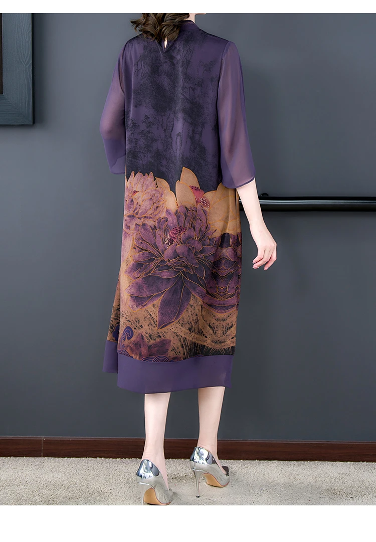 2023 Summer New Silk Short Sleeve Dress Retro Pankou Flower Print Large Women\'s Dress Satin Mesh Splice Slim Robe