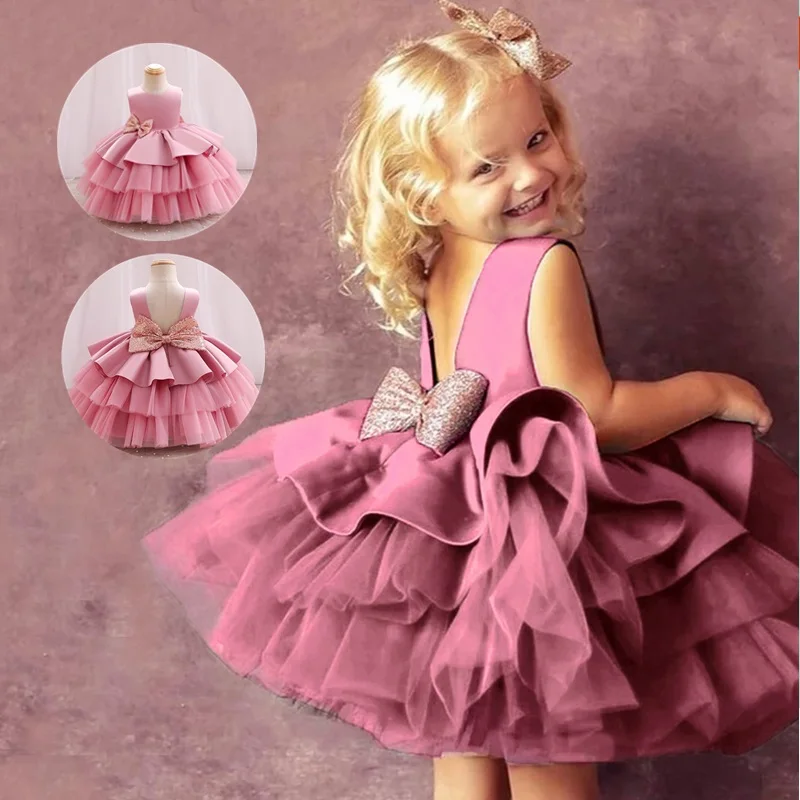 Baby Girl Sequin Bow Dresses Infant Baptism Gown Toddler Kids Wedding Dress Elegant Birthday Princess Party Formal Gala Costume