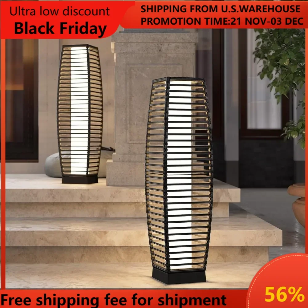 2-Piece Outdoor Floor Lamp Solar Powered Lantern Waterproof Wicker Boho Deck Lights for Garden Porch Decor, Large Crossover