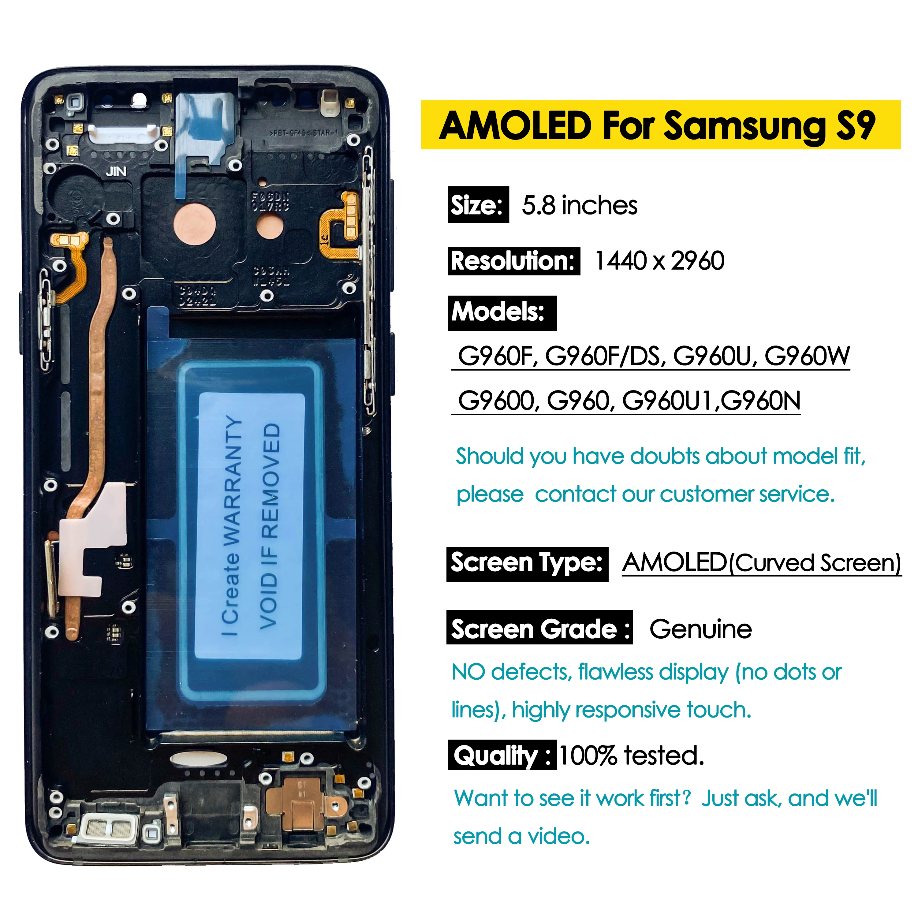 Reemplazo de pantalla LCD AMOLED para SAMSUNG Galaxy S9, montaje de digitalizador de pantalla curva táctil, marco de reparación G960N G9600, OEM