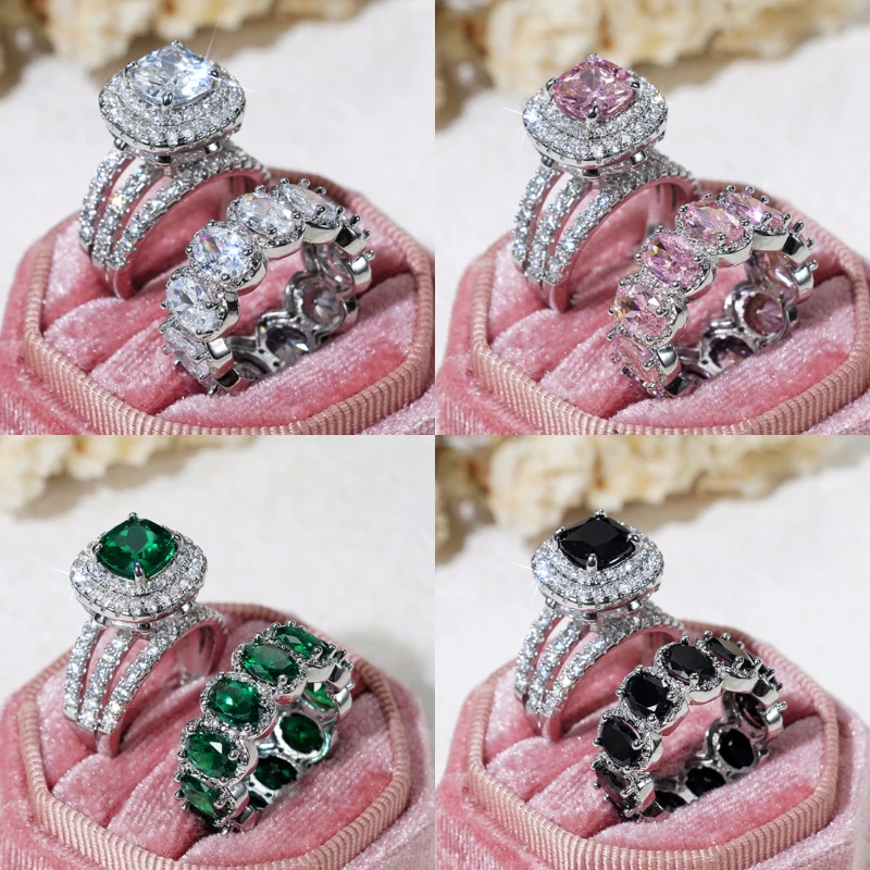Huitan Wunderschöne 2-teilige Eheringe für Frauen, weiß/rosa/grün/schwarz, Zirkonia-Set, Ringe, luxuriöser, trendiger Verlobungsschmuck