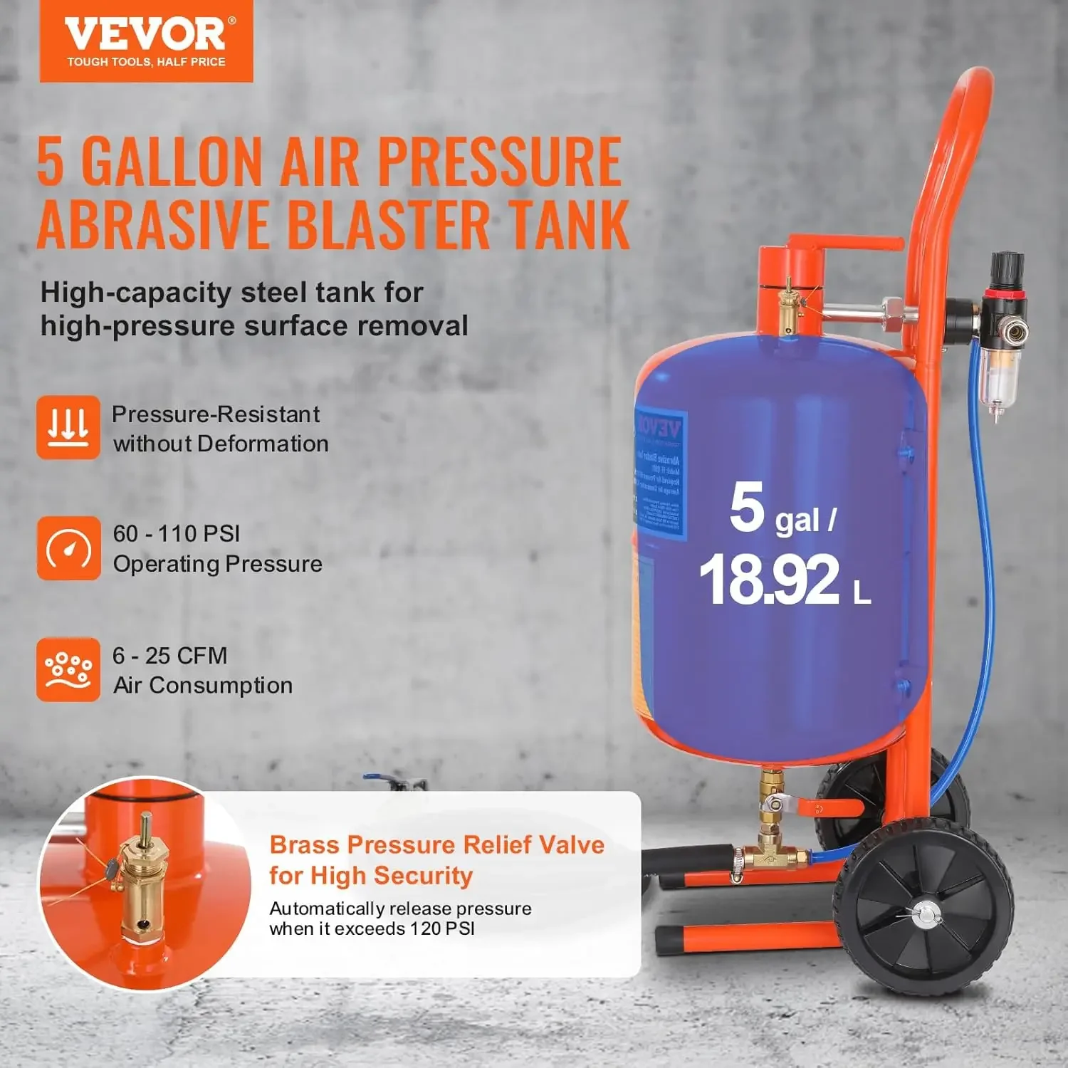 5 Gallon Sand Blaster, 60-110 PSI High Pressure Sandblaster, Portable Abrasive Blasting Tank, Air Sand Blasting Kit with 4