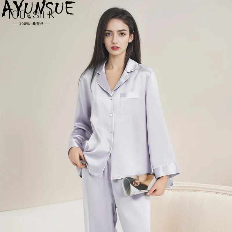 

AYUNSUE 100% Silk Woman Pajama Sets Luxury Solid Color Pajamas for Women Long Sleeve Tops Long Pants Womens Matching Sets 잠옷