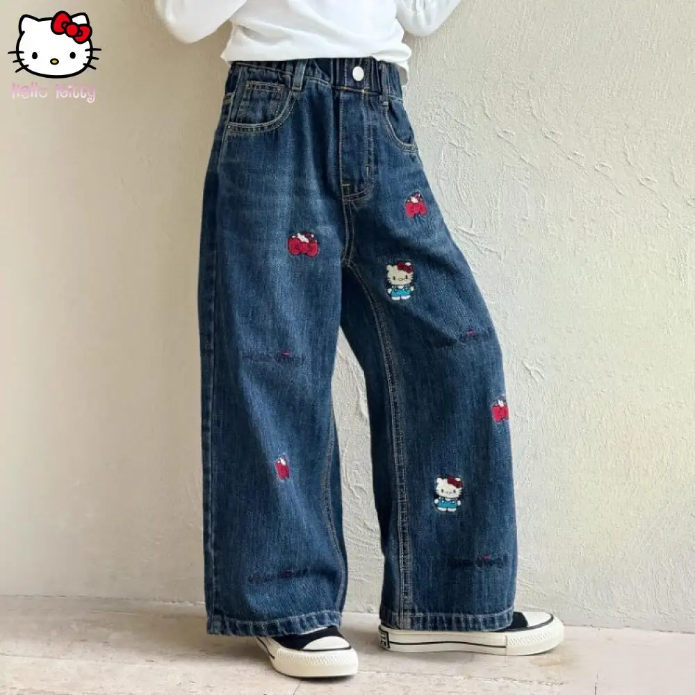 

Новые широкие джинсовые брюки Sanrio Hello Kitty для девочек, повседневные брюки с принтом, весна-лето, новый стиль, свободные брюки прямого кроя с героями мультфильмов