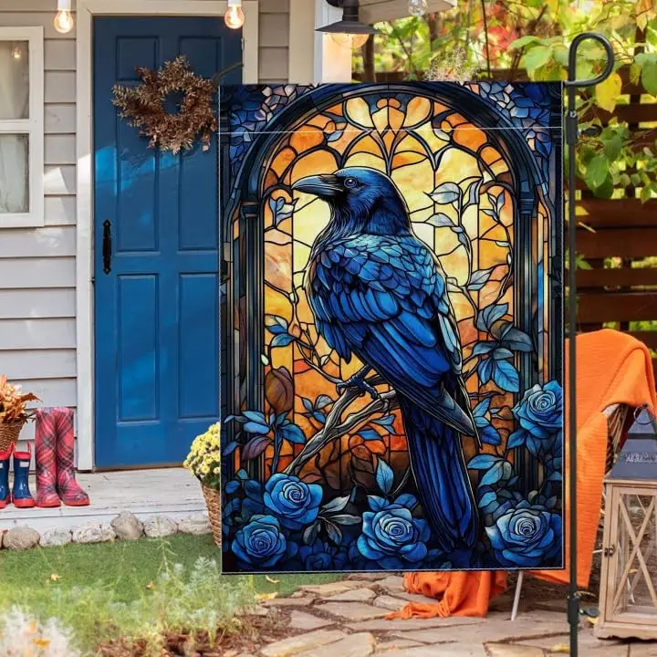 Stained Glass Raven Garden Flag, Blue Crow Floral Outdoor Decor, Double Sided Burlap Seasonal Home Decoration, Fall Winter y jjp