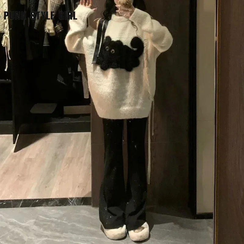 2025 mode Kawaii Y2K sweter wanita kucing putih bahu terbuka pullover rajut Harajuku ukuran besar kartun Vintage musim gugur atasan