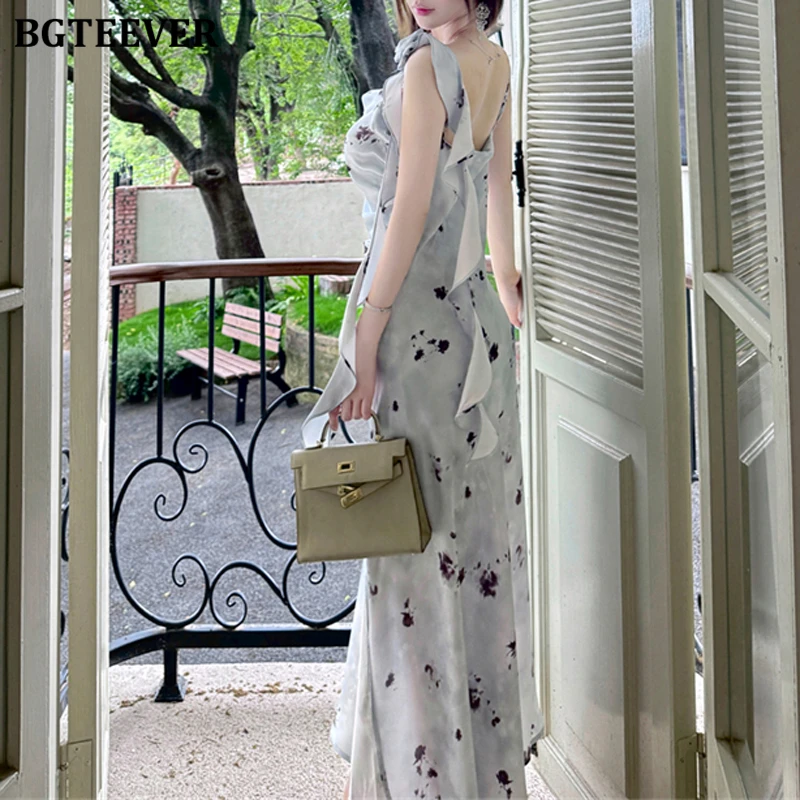 Bgteever elegante verão magro senhoras cinta de espaguete bodycon vestido impresso elegante feminino sem mangas pacote hip vestido floral