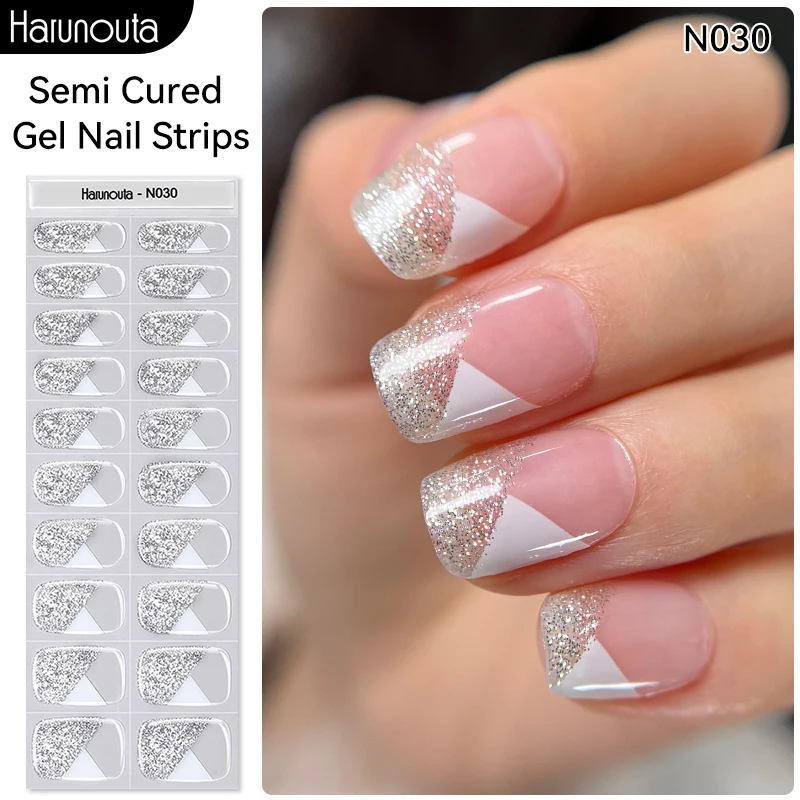 Harunouta Sparkly Glitter Semi Cured Gel Nail Wraps Shinning Gold Silver Full Cover Stickers Press on Nails Nail Dryer Cured