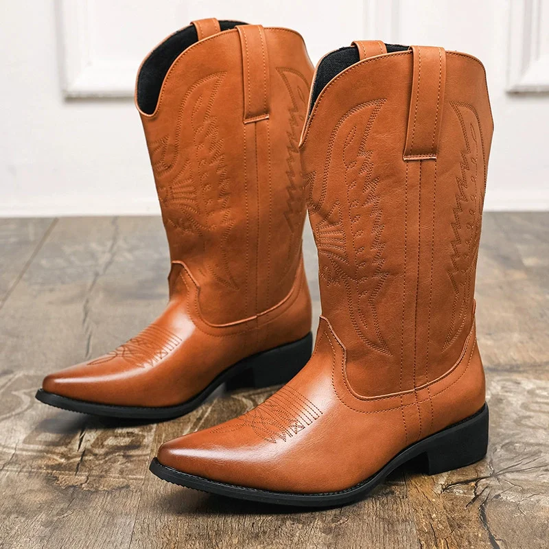 Men's Black & Tan Western Cowboy Boots Embroidered Mid-Calf Booties with Block Heel and Pointed Toe Vintage-Inspired Footwear