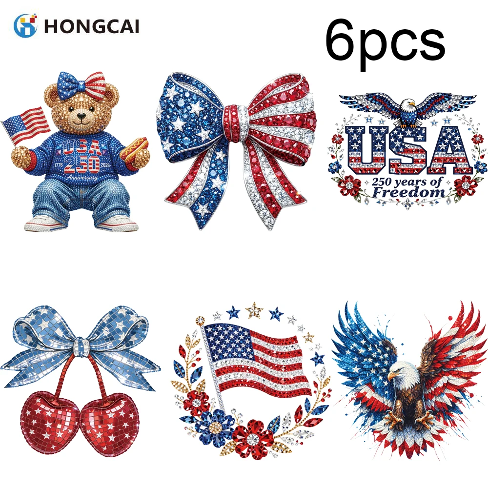 6-Piece Set of 250th Anniversary of U.S. Independence Day Heat Transfer Patches, suitable for decorating T-shirts, bags, and hat