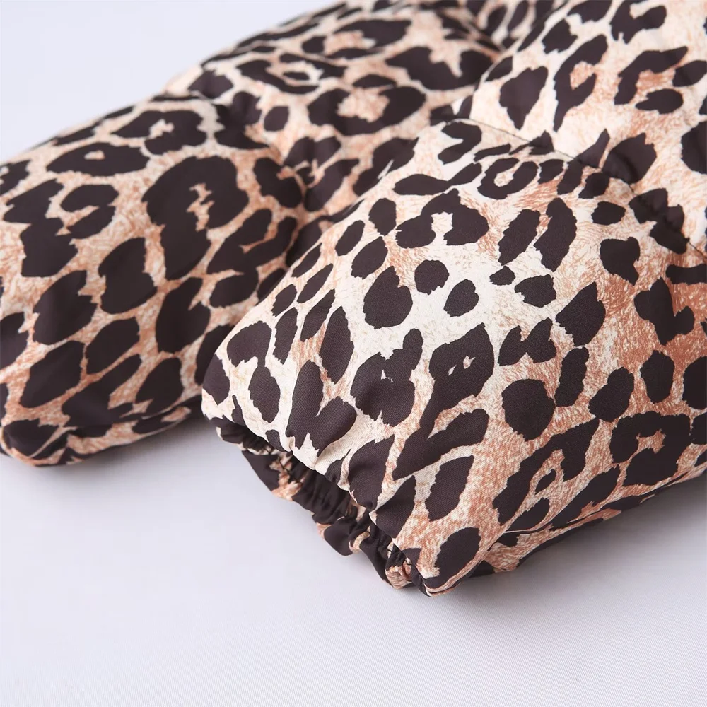 TRAF 2024 Autumn/Winter New Product Women\'s Casual Versatile Stand Collar Long Sleeve Leopard Print Thick Cotton Coat