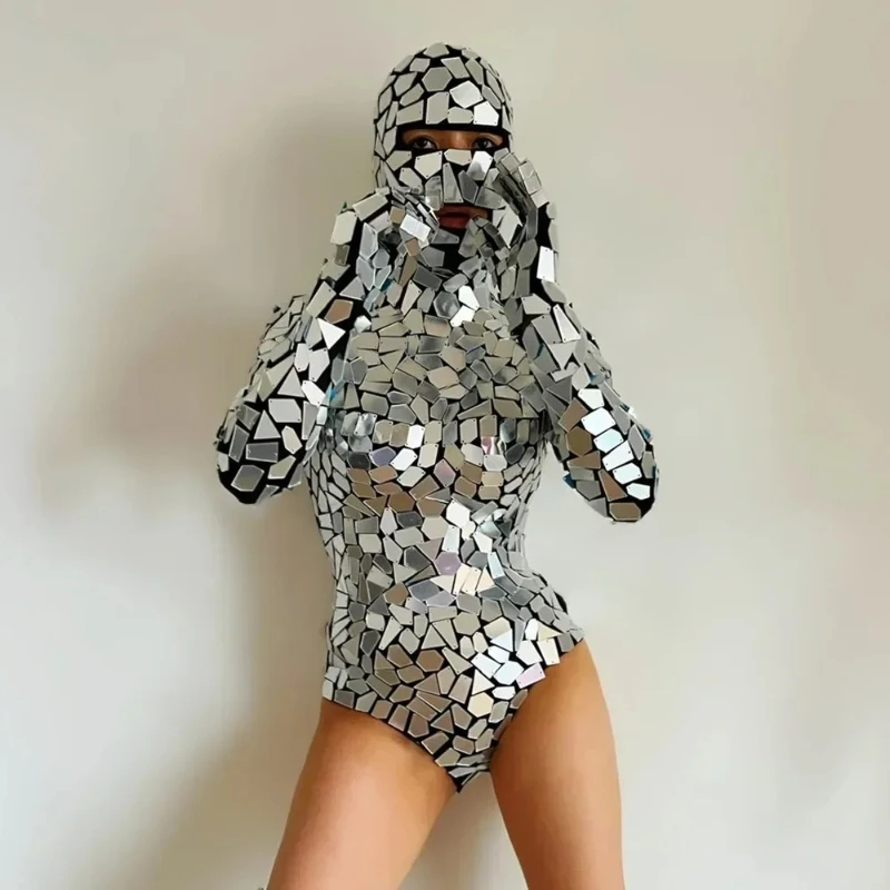 Kombinezon lustrzany damski strój taneczny dla zespołu scenicznego, kostium do tańca jazzowego w stylu technologii przyszłej, cekinowy trykot z rękawiczkami.