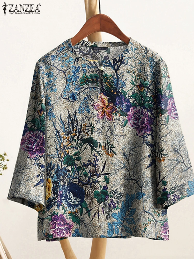 2025年秋プリントブラウス ZANZEA レトロホリデーシャツ レディース ボヘミアン Oネック 七分袖トップス カジュアルワークブラウス チュニック 女性用