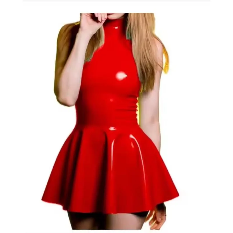 

Handmade Latex Sleeveless Dresses Stand Collar Bodycon Clubwear Rubber Latex Fashion A-line Mini Dress Pole Dance Costume Party